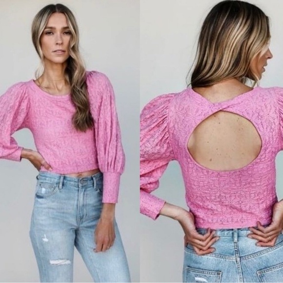 Free People Tea Time Top Plumeria Open Back Floral Lace Balloon Sleeves Size L - Picture 2 of 15
